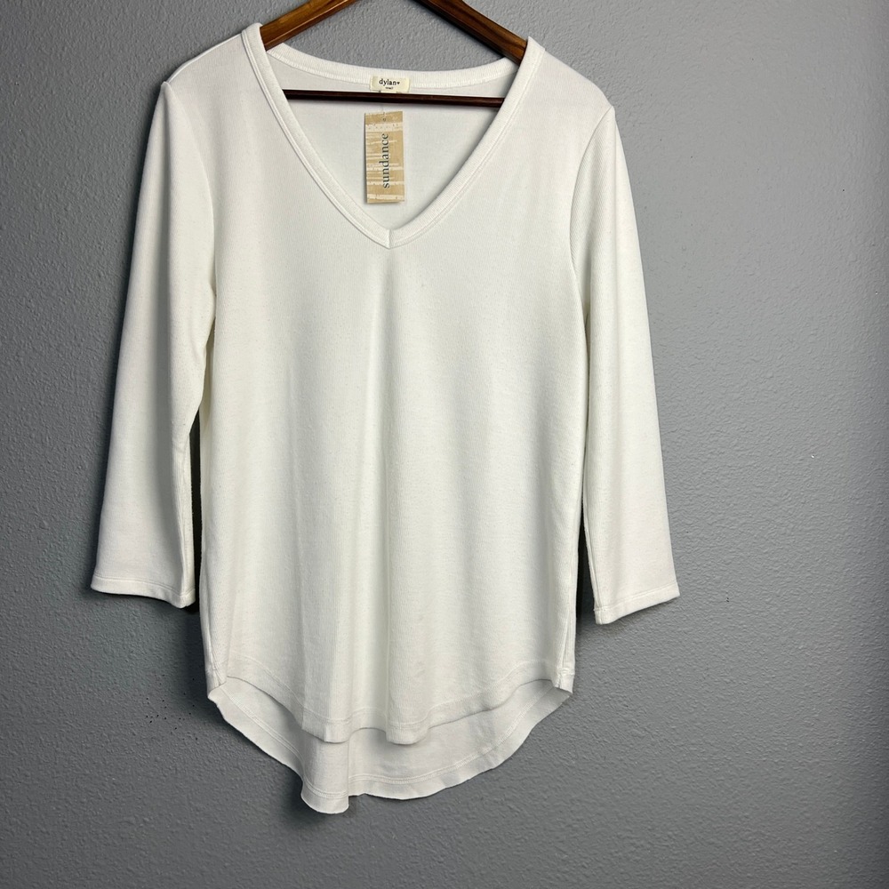 NWT Dylan Sundance Hi Low V Neck 3/4 Sleeve White Top Boho Flowy Oversized Small